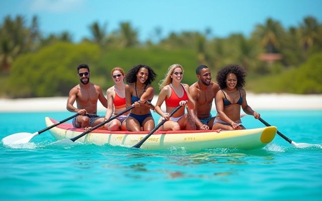 Un grupo diverso de empleados corporativos riendo y construyendo un castillo de arena juntos en una playa, simbolizando el trabajo en equipo.