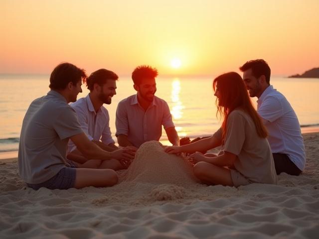 Grupo de personas corporativas sonriendo y colaborando en una actividad de team building en una playa dorada al atardecer.