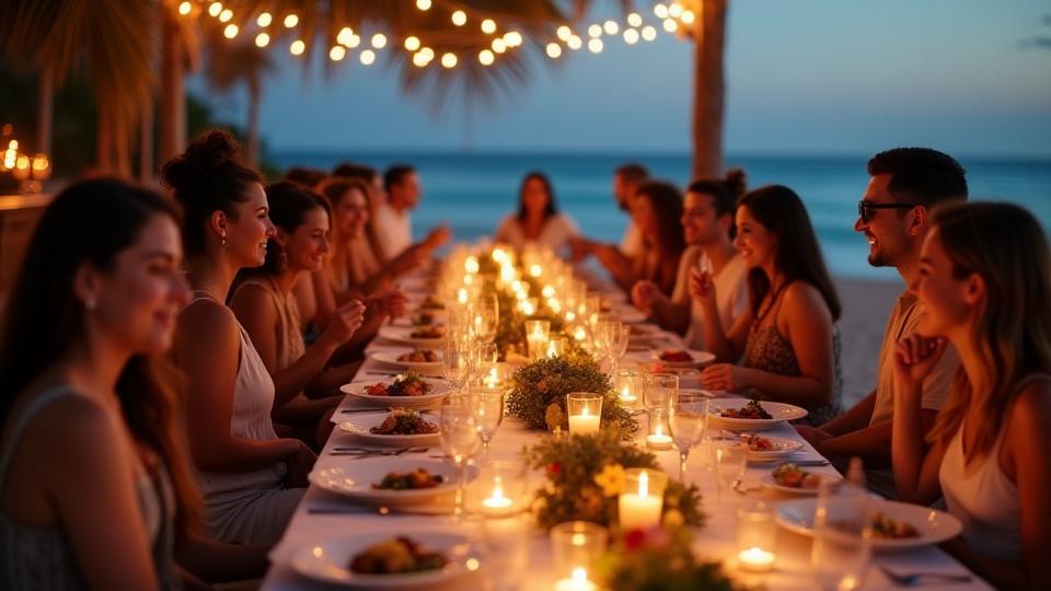 Participantes de un retiro disfrutando de una cena gourmet saludable al aire libre en la playa, bajo las estrellas.