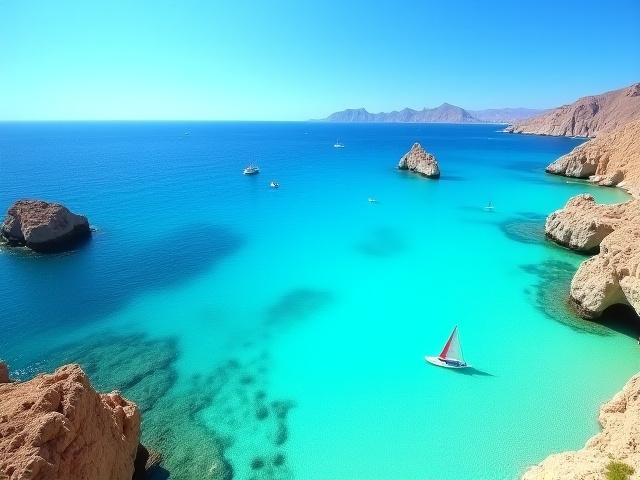 Isla Espíritu Santo en La Paz, Baja California Sur, con aguas turquesas y formaciones rocosas.