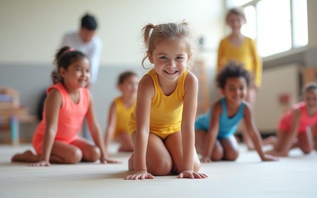 Niños sonrientes y energéticos realizando ejercicios de gimnasia básica en Marea Gim